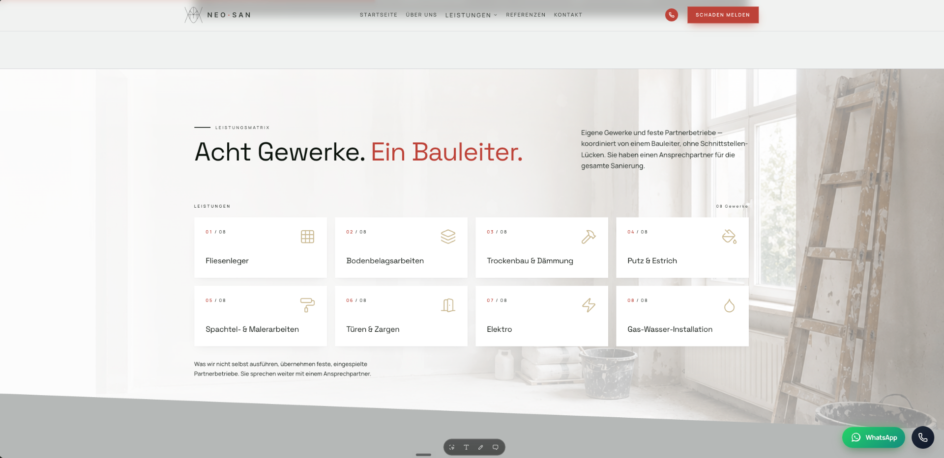 Website für Sanierungsbetriebe – Leistungsübersicht Schadensanierung